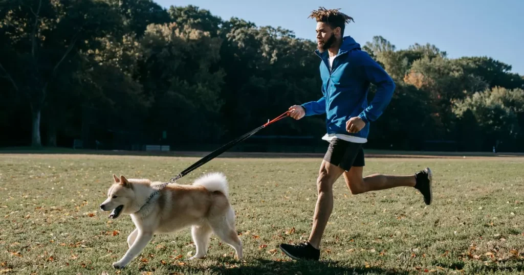 cachorro correndo com seu dono no campo